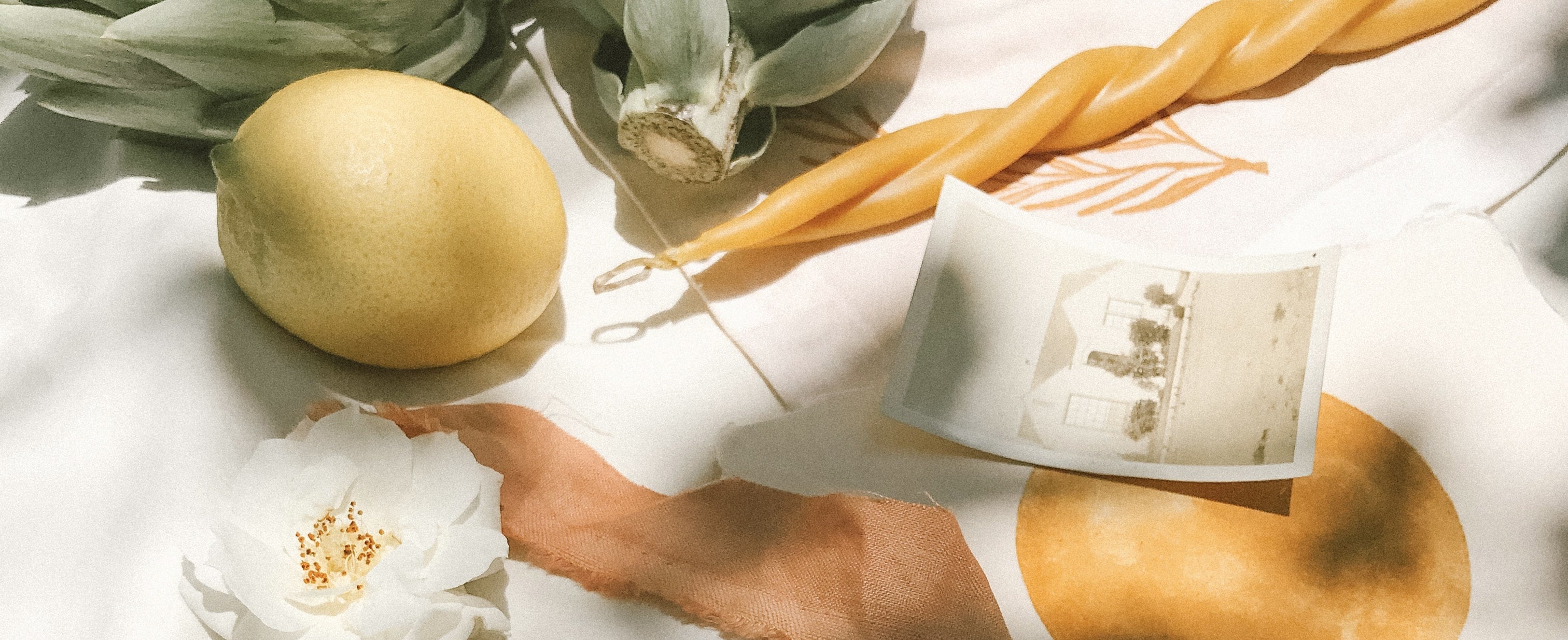 An arrangement of artichoke, lemon, a white rose, beeswax candle, and old photo of a house, and a painting of the moon
