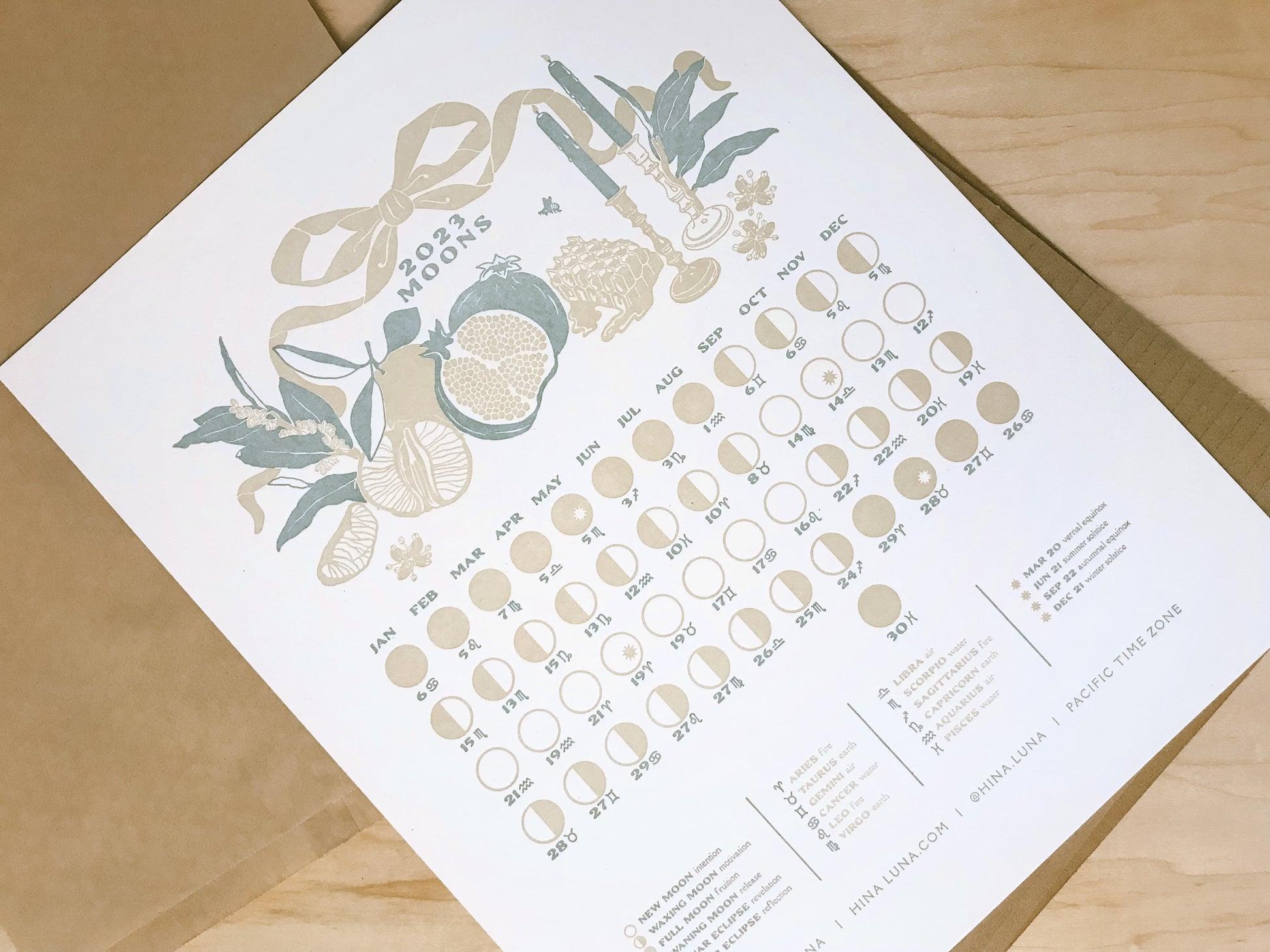 Hina Luna's letterpress printed moon calendar for 2023.